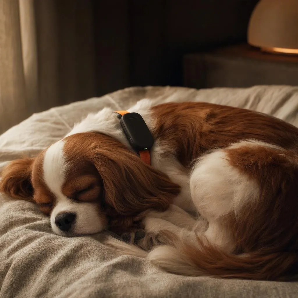 A Cavalier King Charles Spaniel sleeping peacefully, wearing the Boop collar